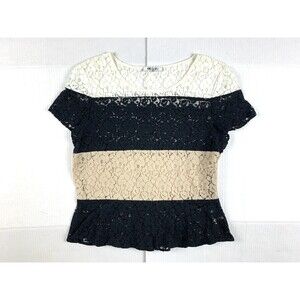 DKNYC  Sheer Lace Blouse Top Womens Size L Colorblock Black Beige Side Zip